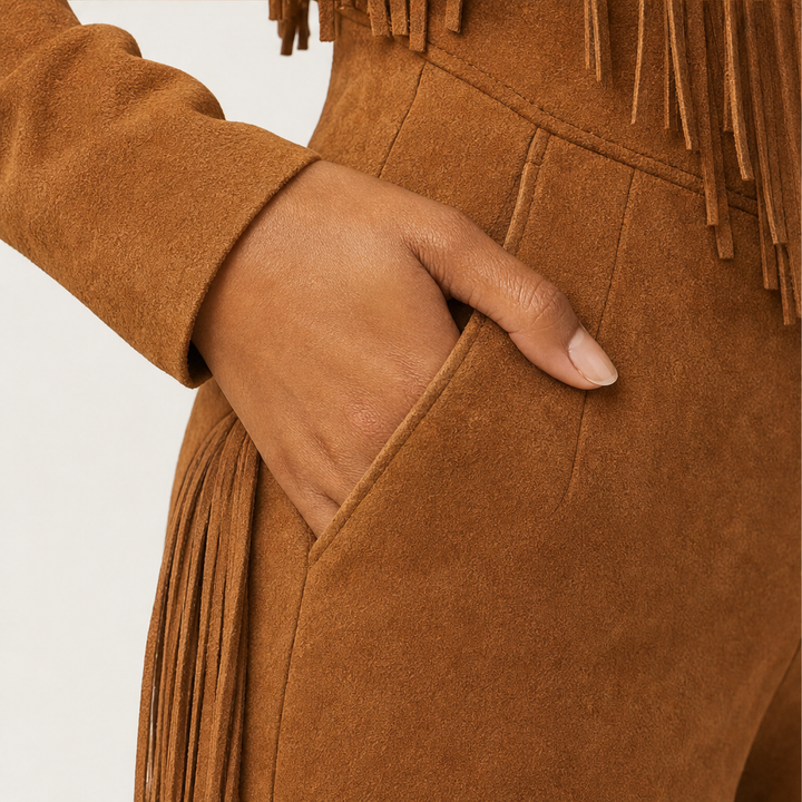 Sagebrush – Western Fringe Faux Suede Zip-Up Jumpsuit + 50% OFF detail