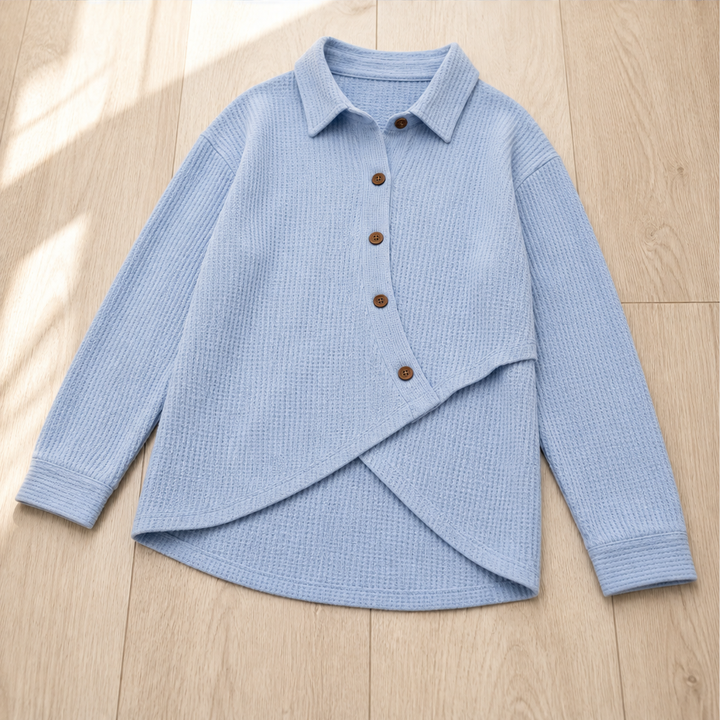 Willowick – Crossover Hem Waffle Knit Button Top + 50% OFF detail