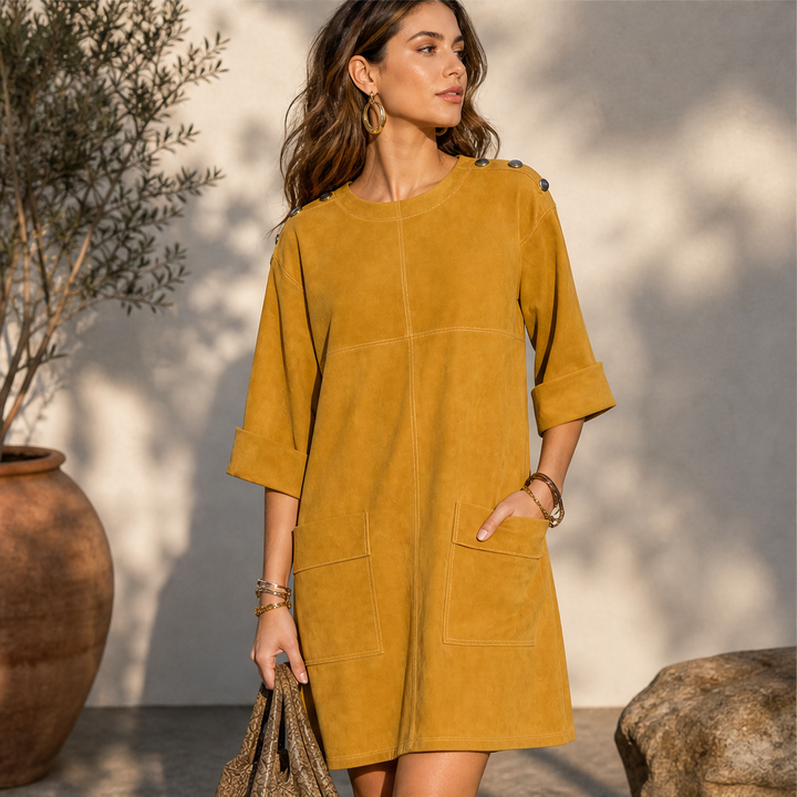 Suedona – Buttoned Shoulder Faux Suede Mini Dress with Pockets + 50% OFF features