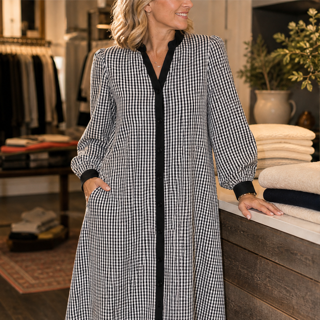 Marlowick – Contrast Trim Gingham A-Line Shirt Dress + 50% OFF features
