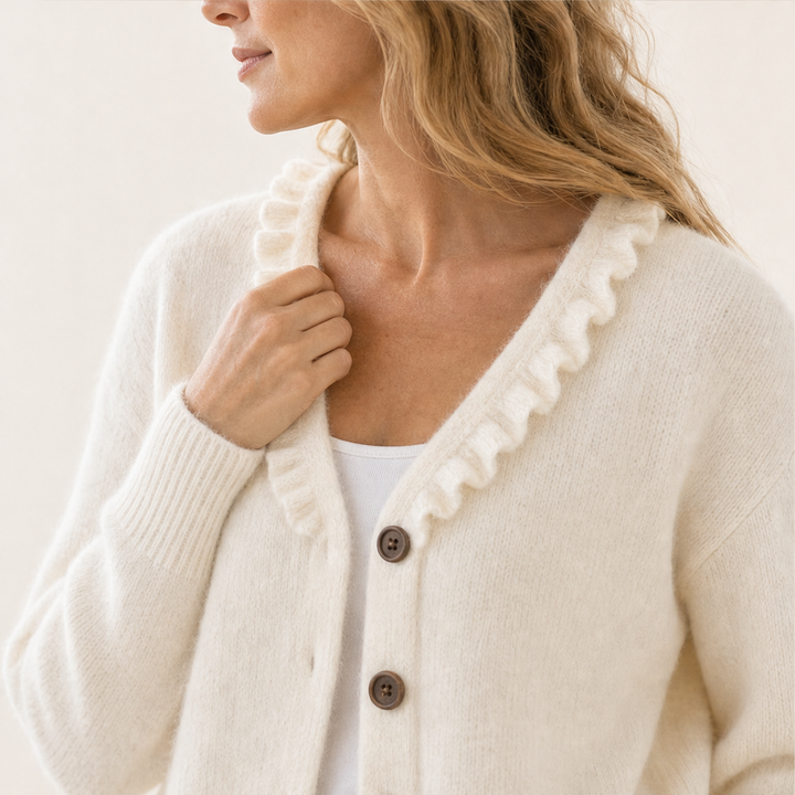 Cozelle – Ruffle Collar Soft Knit Button-Down Cardigan + 50% OFF detail