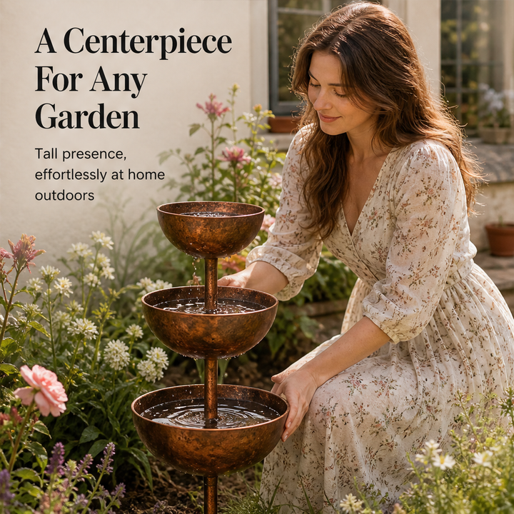Copperbrook – Weatherproof 3-Tier Cascade Bird Bath with Ground Stake + 50% OFF features