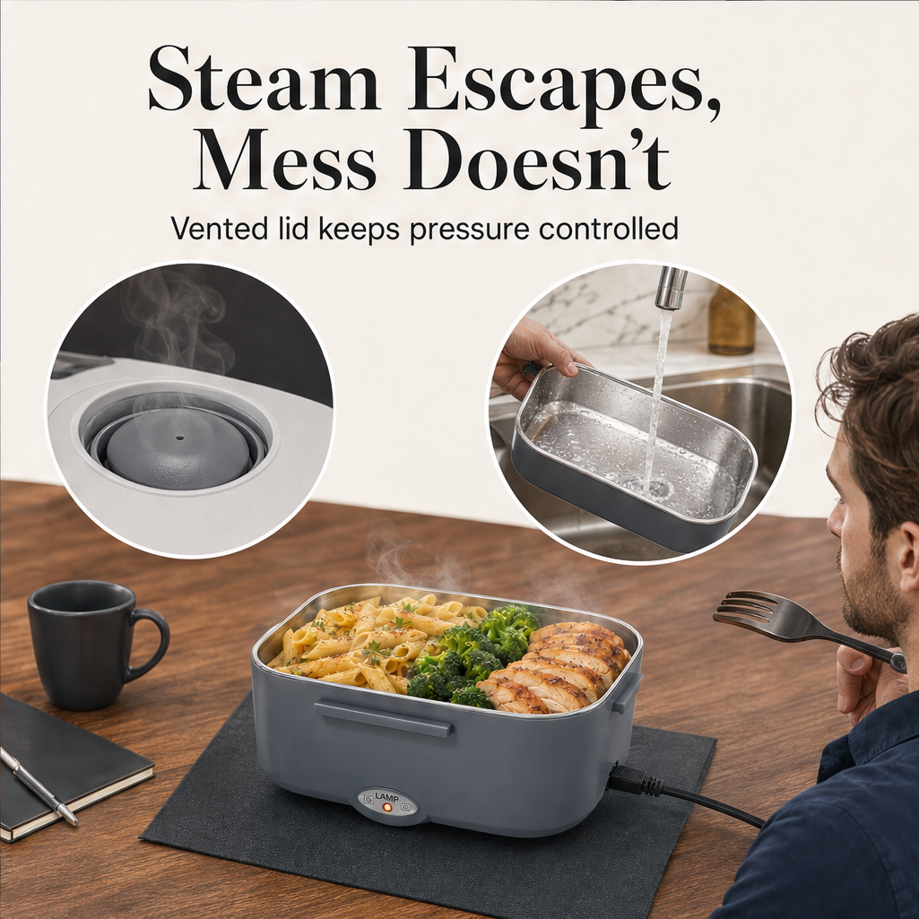 Warmora – 3-in-1 Portable Electric Lunch Warmer with Steam Vent + 50% OFF features