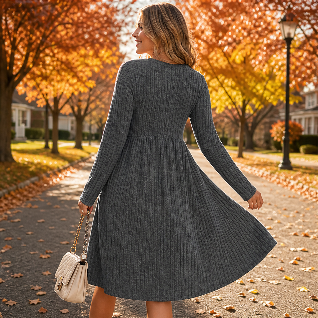 Cambrielle – Ribbed A-Line Midi Dress with Hidden Pockets + 50% OFF features