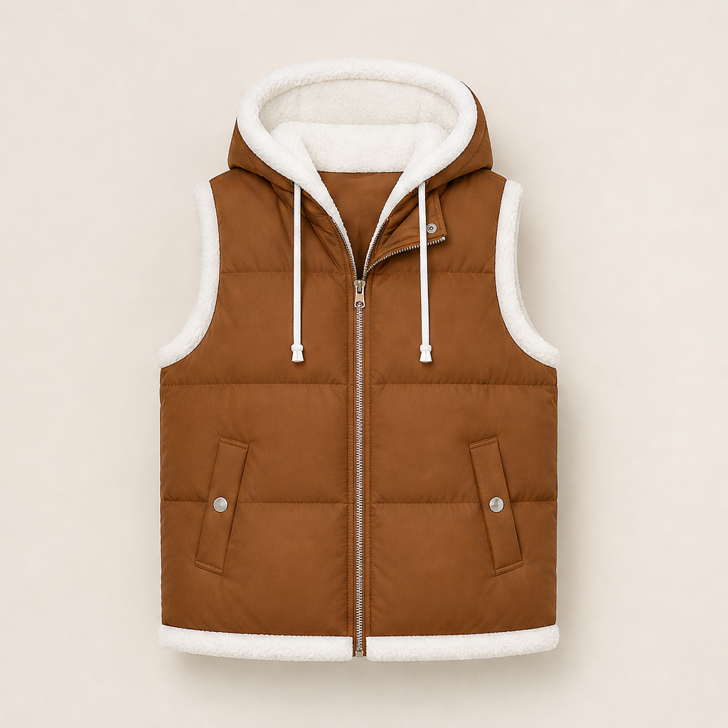 Foldwick – Faux Two-Piece Sherpa Hood Puffer Vest + 50% OFF Camel