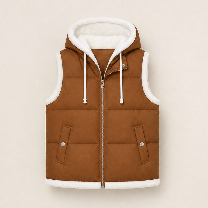 Foldwick – Faux Two-Piece Sherpa Hood Puffer Vest + 50% OFF Camel