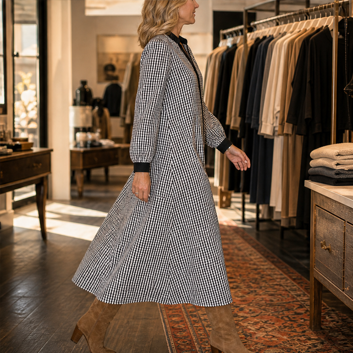 Marlowick – Contrast Trim Gingham A-Line Shirt Dress + 50% OFF features
