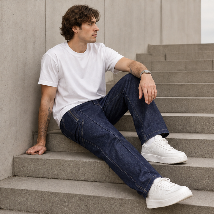 Denwick – Faux Denim Stretch Cargo Pants with Zip Pockets + 50% OFF features