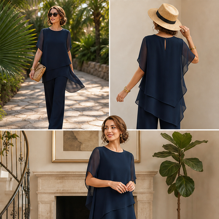 Verlaine – Flowy Asymmetrical Hem Wide-Leg Two-Piece Set + 50% OFF features