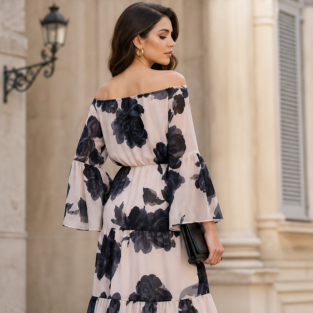 Rosemere – Off-Shoulder Floral Ruffle Hem Maxi Dress + 50% OFF features