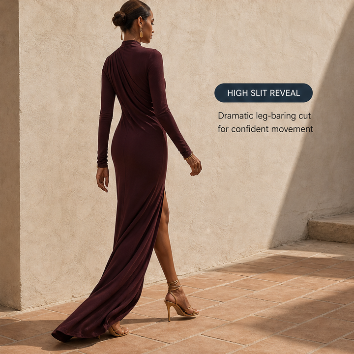 Solvienne – Draped High Neck High Slit Evening Gown + 50% OFF features