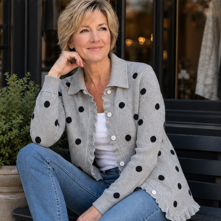 Marlowick – Ruffle Trim Polka Dot Knit Cardigan + 50% OFF features