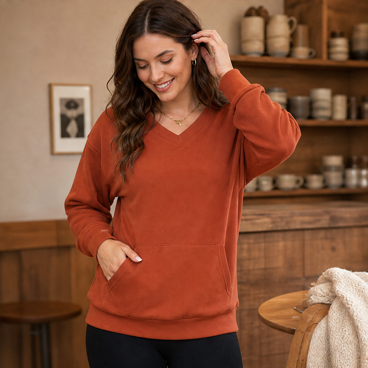 Softmere – Kangaroo Pocket V-Neck Oversized Sweatshirt + 50% OFF features