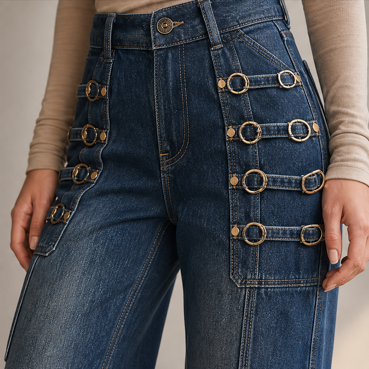 Buckridge – Gold Ring Buckle Wide-Leg High-Waist Cargo Jeans + 50% OFF features