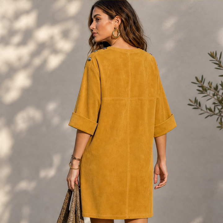 Suedona – Buttoned Shoulder Faux Suede Mini Dress with Pockets + 50% OFF features