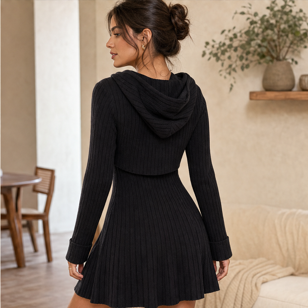 Ribaline – Ribbed Knit Two-Piece Hoodie Dress Set + 50% OFF features
