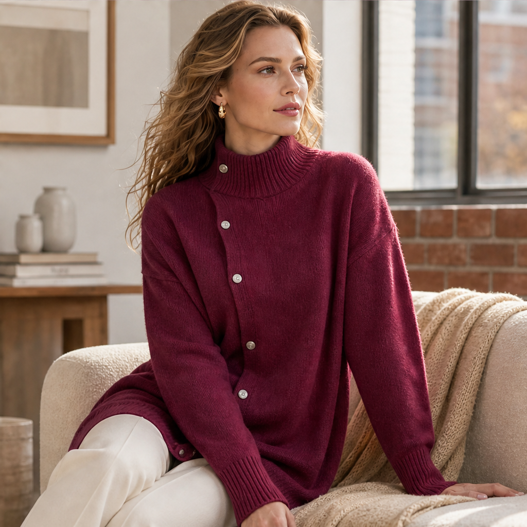 Millbron – Oversized Turtleneck Cardigan with Asymmetrical Buttons + 50% OFF features