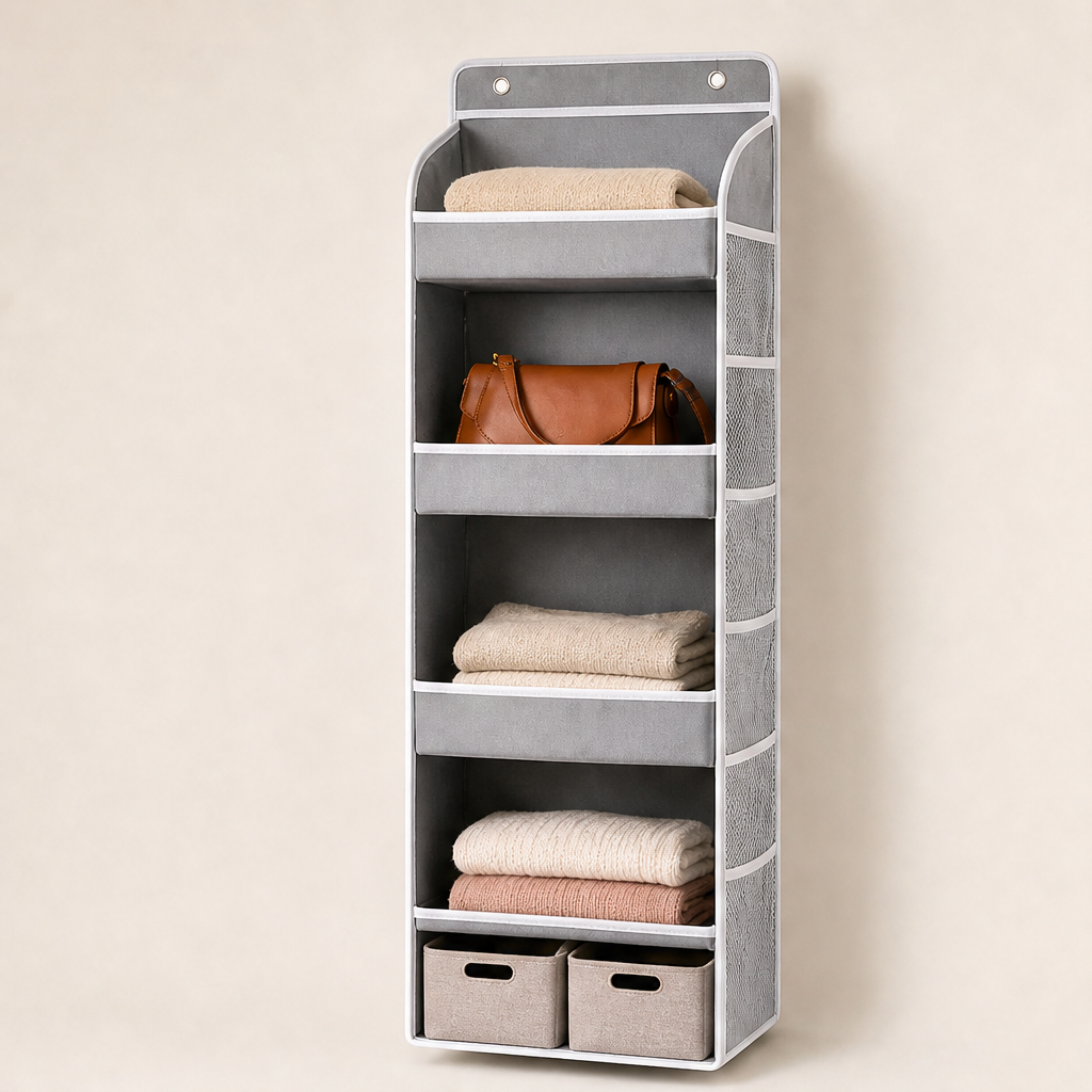 TidyTiers – 5-Tier Space-Saving Hanging Closet Organizer + 50% OFF Grey