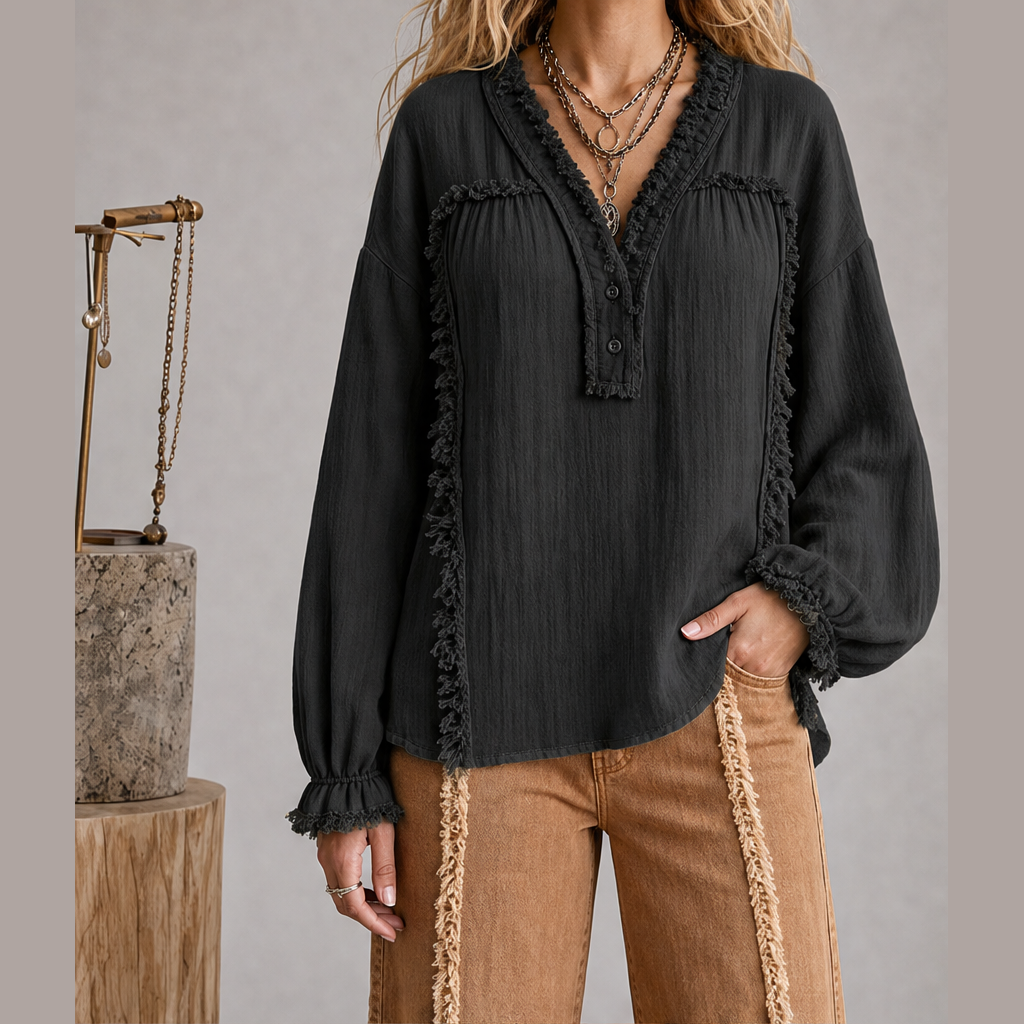 Frayvel – Raw-Frayed Trim Boho Long-Sleeve Shirt + 50% OFF Black