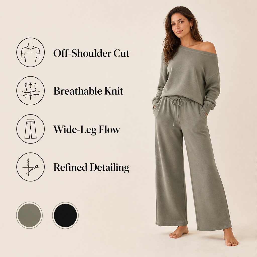 Cambrelle – Off-Shoulder Ribbed Knit Top &amp; Wide-Leg Pants Loungewear Set + 50% OFF