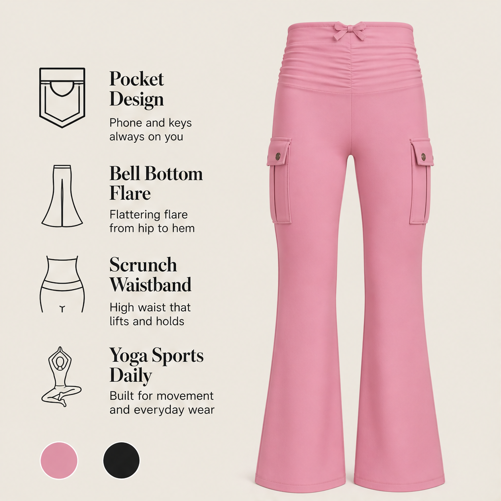 Flarelyn – High-Waist Flare Cargo Pocket Yoga Pants + 50% OFF features