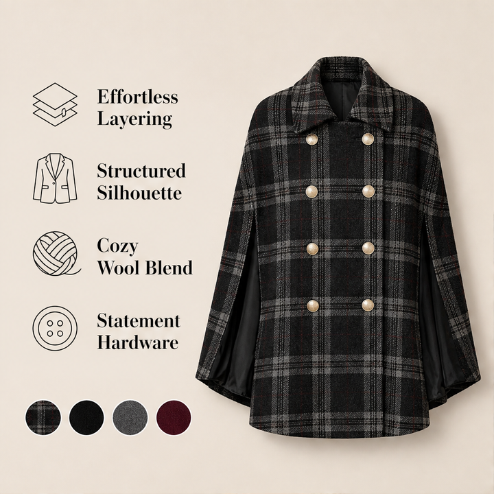 Camryn Hale – Plaid Statement-Button Cape Coat + 50% OFF features