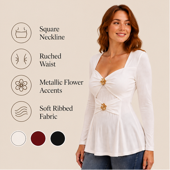 Fleurmont – V-Neck Peplum Top with Metallic Flower Accents + 50% OFF features