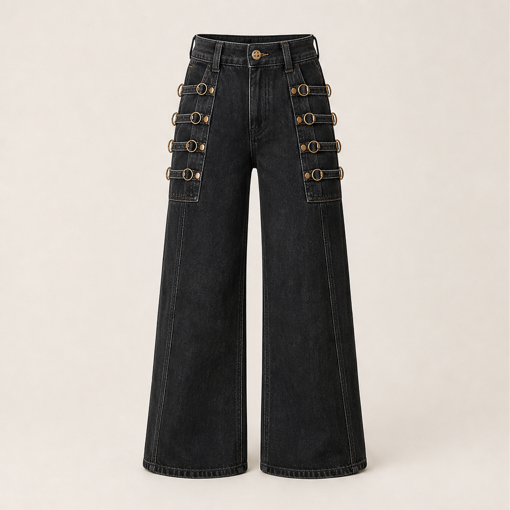 Buckridge – Gold Ring Buckle Wide-Leg High-Waist Cargo Jeans + 50% OFF Black