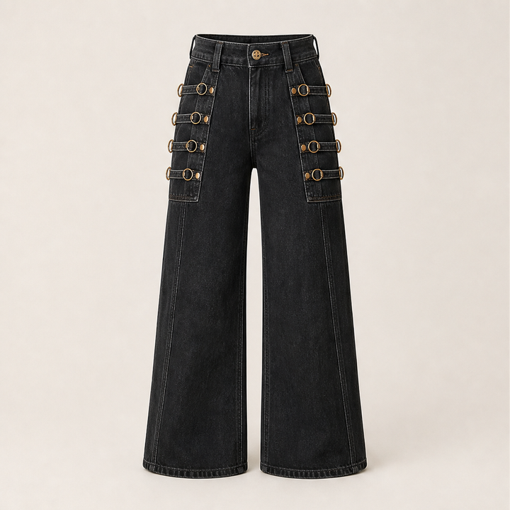 Buckridge – Gold Ring Buckle Wide-Leg High-Waist Cargo Jeans + 50% OFF Black
