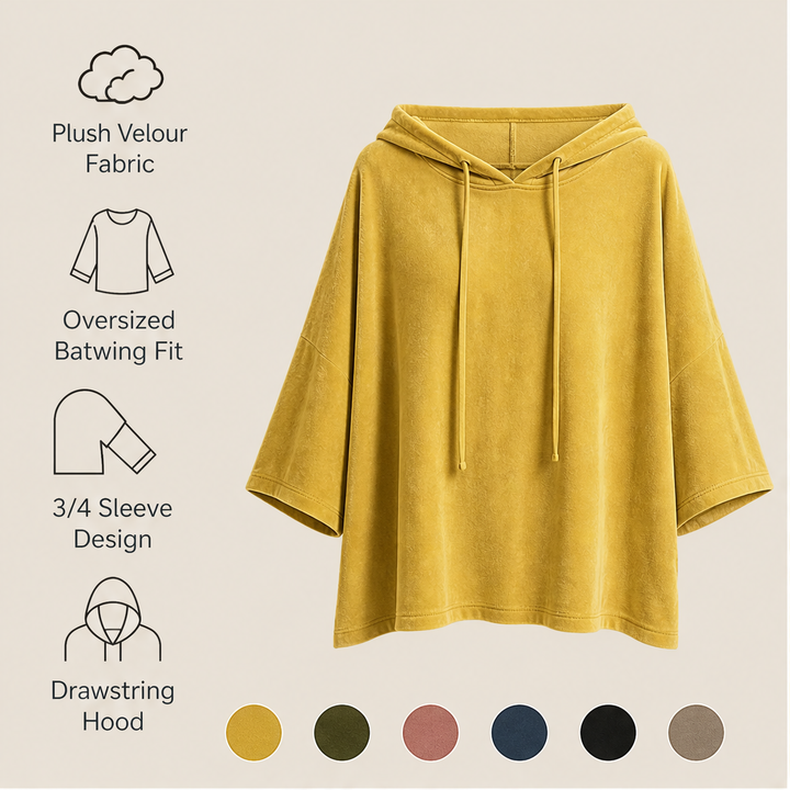 Plushwick – Oversized Velour Drawstring Hoodie with 3/4 Sleeves + 50% OFF features