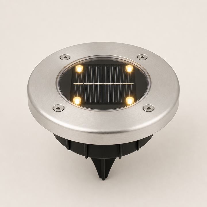 Sunhollow – Auto On/Off Solar Ground Lights, Steel Rim Disk Lights + 50% OFF Silver