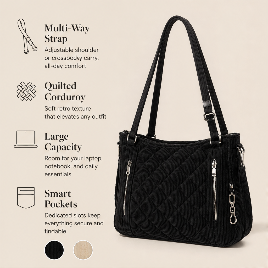 Corduvelle – Quilted Corduroy Multi-Way Shoulder Bag + 50% OFF features