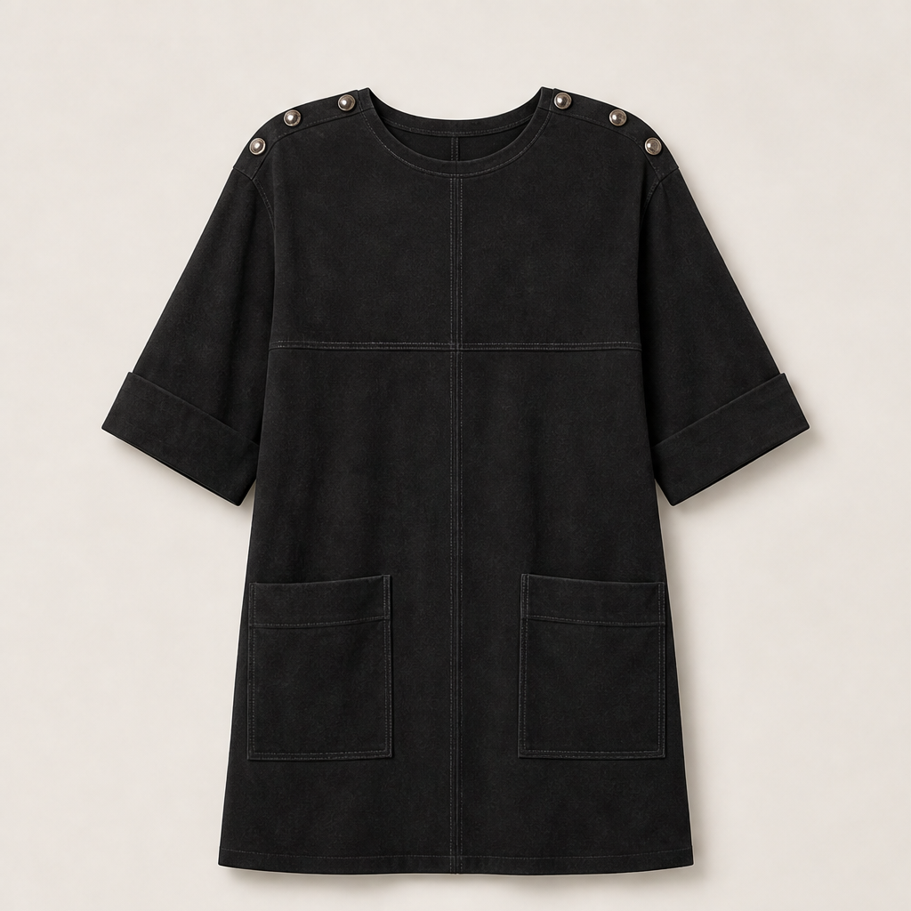 Suedona – Buttoned Shoulder Faux Suede Mini Dress with Pockets + 50% OFF Black