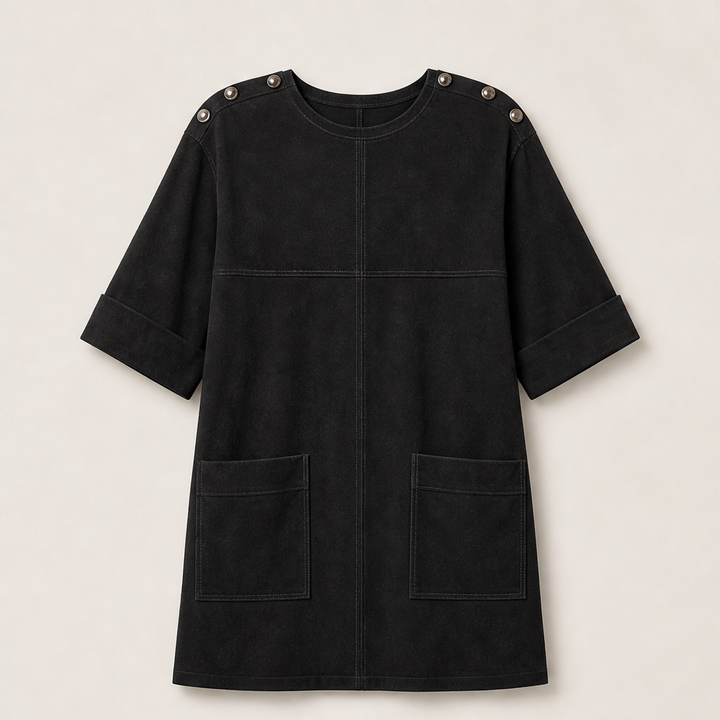 Suedona – Buttoned Shoulder Faux Suede Mini Dress with Pockets + 50% OFF Black