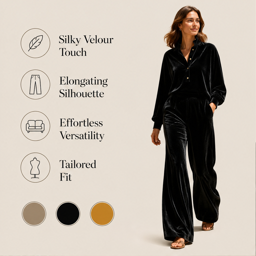 Velourin – Wide-Leg Velour Two-Piece Loungewear Set + 50% OFF features