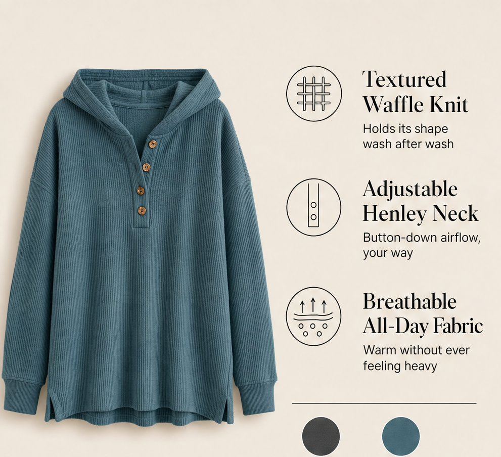 Warmholm – Waffle Knit Henley Hoodie Top + 50% OFF features