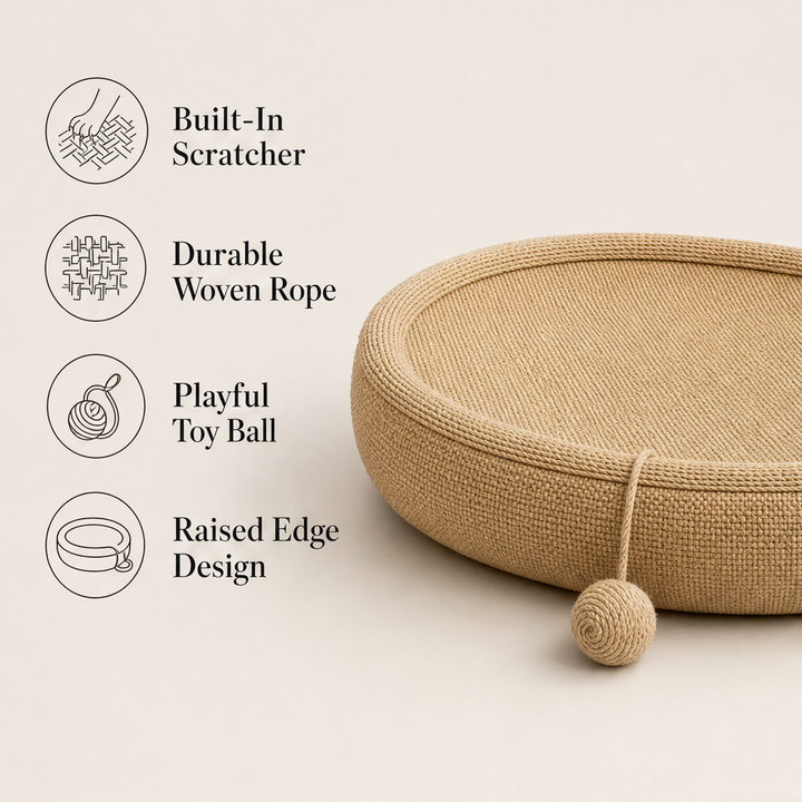 Scratchnook – Sisal Scratcher Bed with Built-In Toy Ball + 50% OFF features