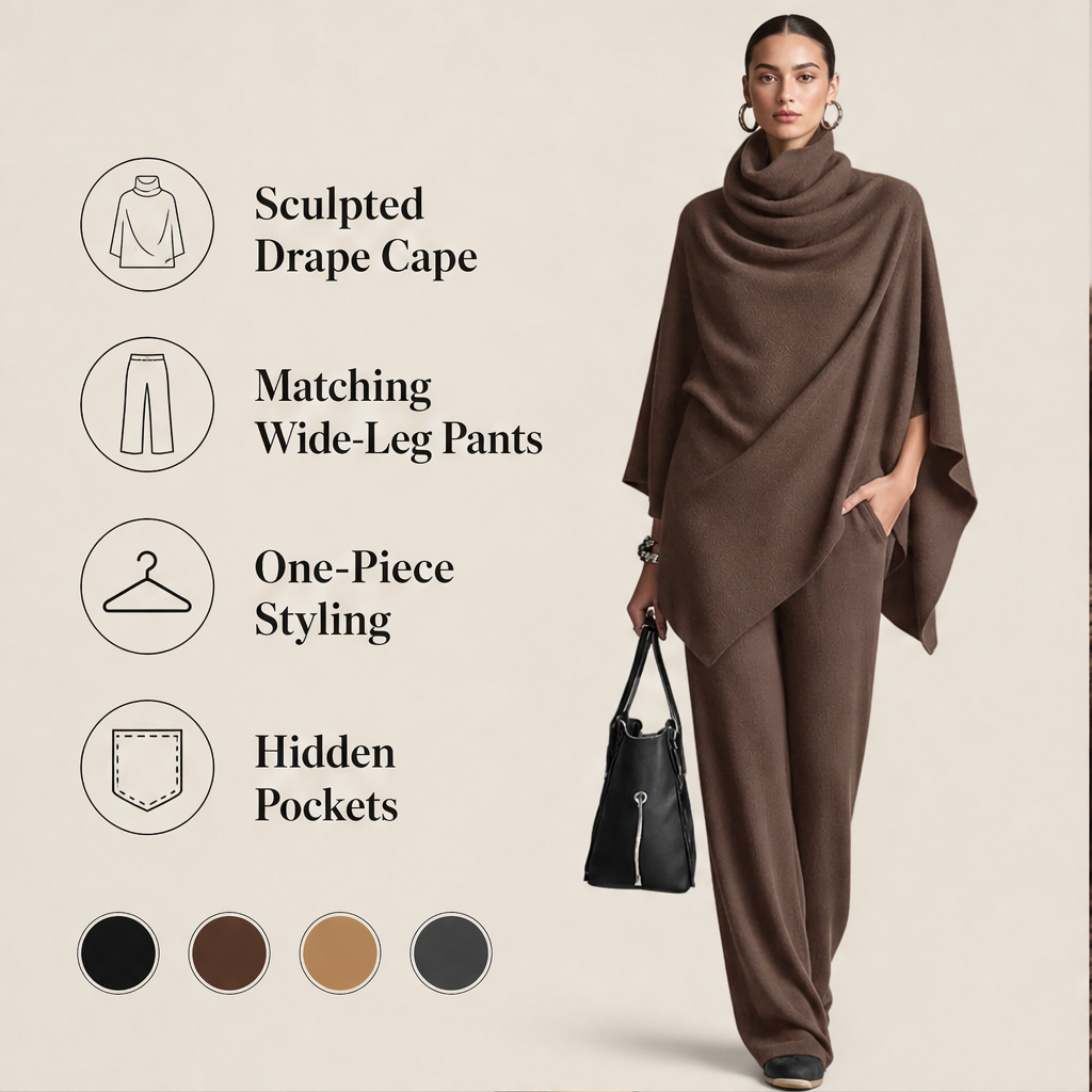 Draperie – Draped Turtleneck Cape &amp; Wide-Leg Pants Set + 50% OFF features
