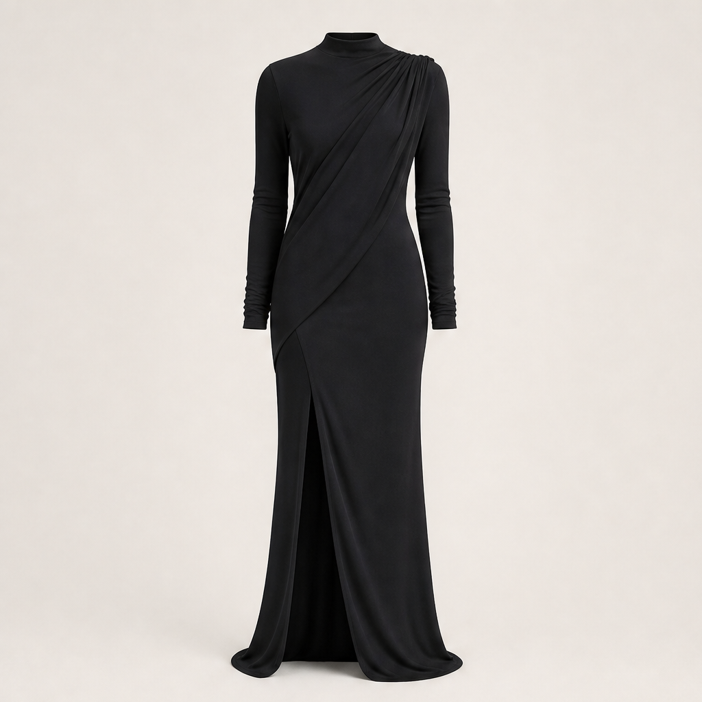 Solvienne – Draped High Neck High Slit Evening Gown + 50% OFF Black