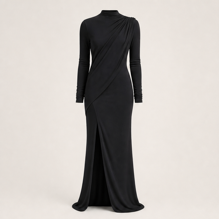Solvienne – Draped High Neck High Slit Evening Gown + 50% OFF Black