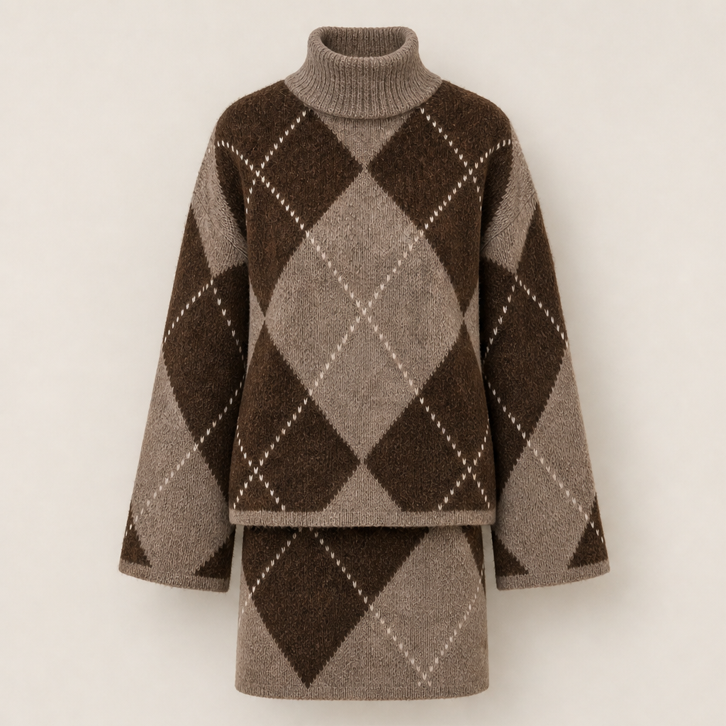 Fernbrooke – Matching Argyle Turtleneck Sweater &amp; Skirt Knit Set + 50% OFF Brown