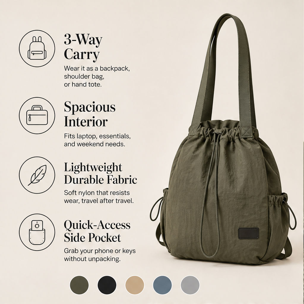 Rovena – 3-Way Convertible Drawstring Tote Backpack + 50% OFF features