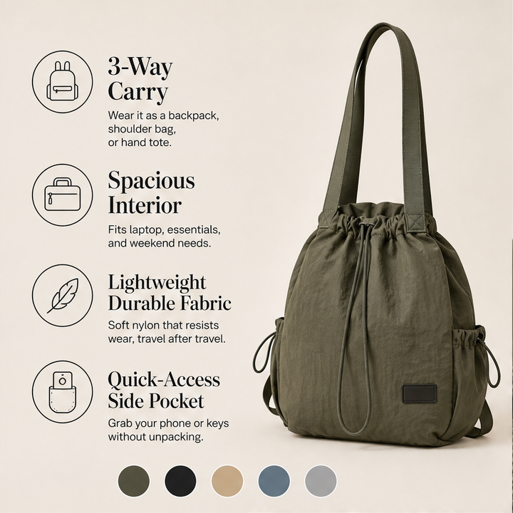 Rovena – 3-Way Convertible Drawstring Tote Backpack + 50% OFF features