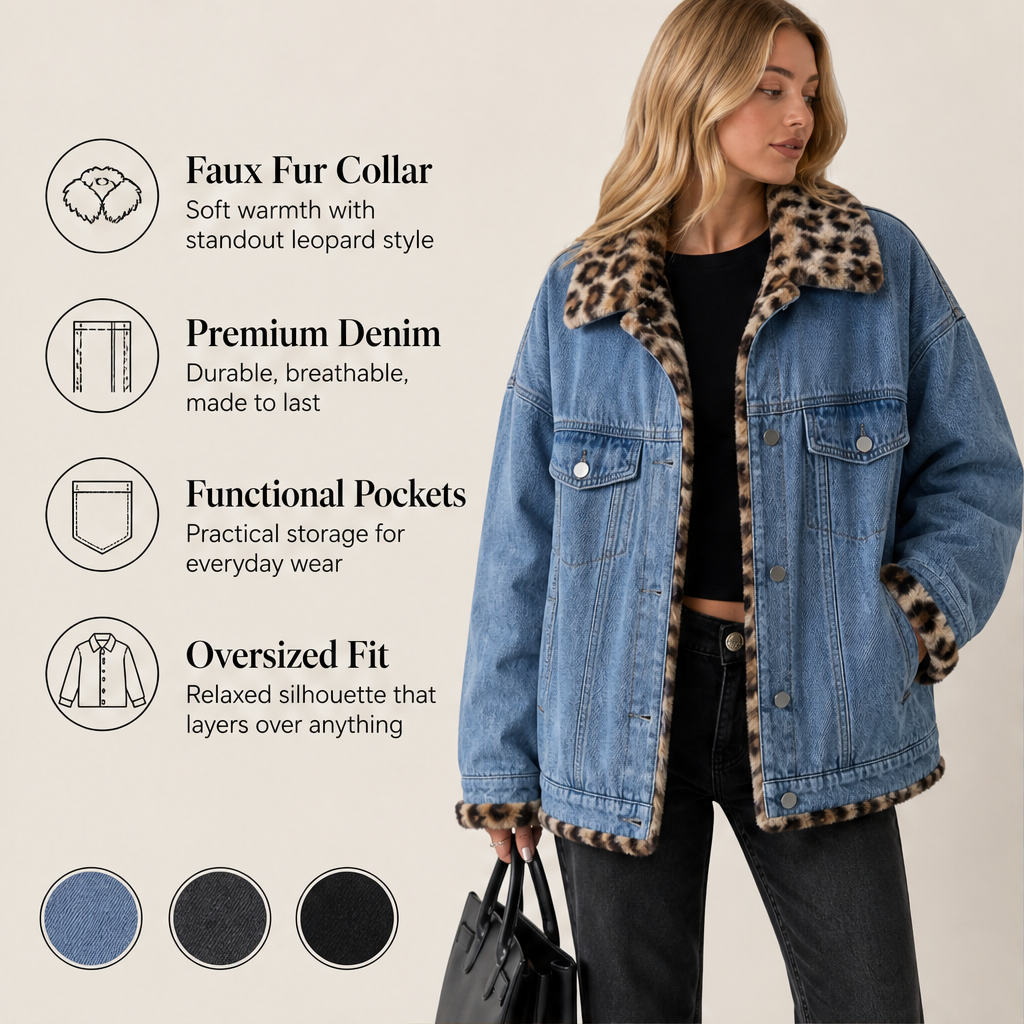 Savann Row – Reversible Leopard Lined Oversized Denim Jacket + 50% OFF features