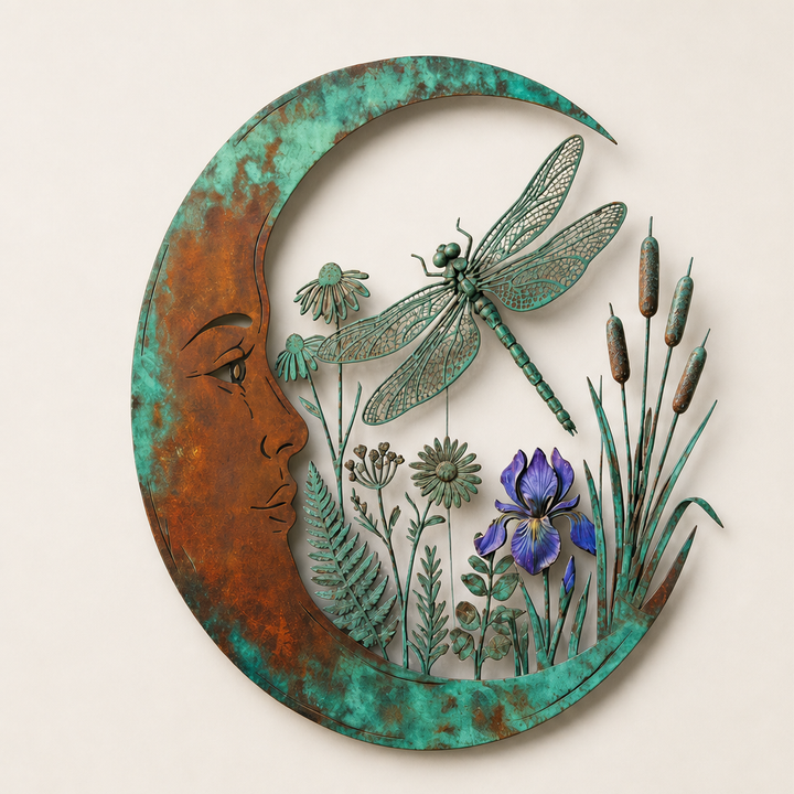 Lunaveil – Crescent Moon &amp; Dragonfly Metal Wall Decor + 50% OFF Verdigris Patina