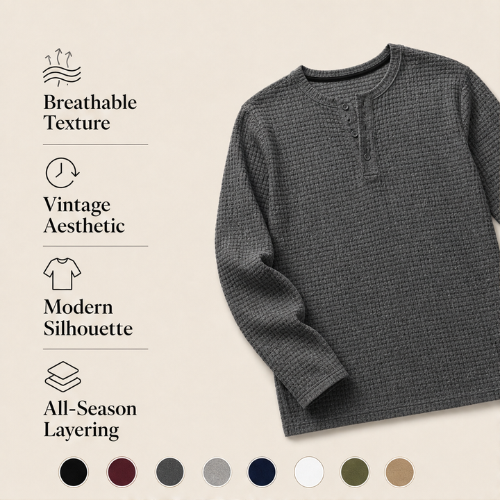 Ashcroft Mill – Waffle Knit Long Sleeve Henley Shirt + 50% OFF features