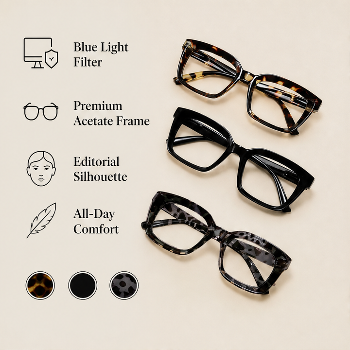 Amberloe – Blue Light Blocking Oversized Square Reading Glasses + 50% OFF features