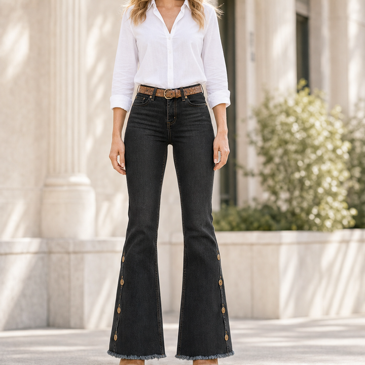 Fernbelle – Scalloped Button Flare Jeans with Raw Hem + 50% OFF Black