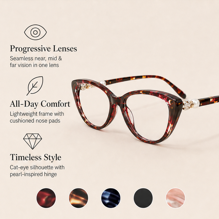 Lumendale – Cat-Eye Progressive Reading Glasses with Pearl Hinge + 50% OFF features