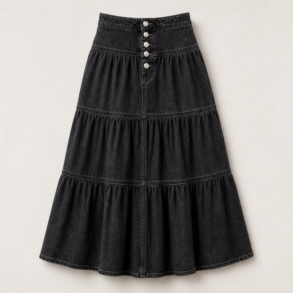 Westbloom – High-Waisted Tiered A-Line Cowboy Denim Maxi Skirt + 50% OFF Black